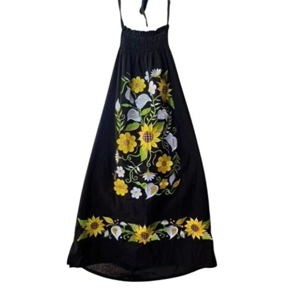 Casa Flores Imports Black Embroidered Sunflower Halter dress‎ Smocked Cotton L